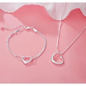 925 Silver Open Heart Pendant Necklace & Adjustable Bracelet Set
